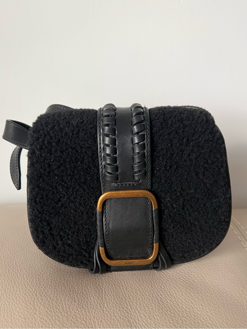 ba&sh Black Shearling Crossbody with Braided Leather Strap and Buckle